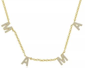 MAMA Filigrane Kette, Halskette mit buchstaben steinchen Zirkonia, Rolo Chain 925 Sterling Silber 14K Vergoldet, Damenkette für jeden Tag