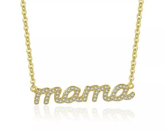 MAMA MIA Filigrane Kette, Halskette mit buchstaben steinchen Zirkonia, Rolo Chain 925 Sterling Silber 14K Vergoldet Damenkette für jeden Tag