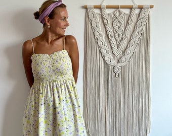 DIANA Extra Long Macrame wall hanging, boho home decor, hand made fiber art, 60 cm x 80 cm, natural