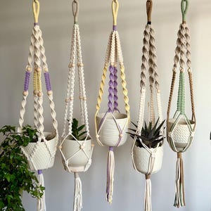 May include: Five macrame plant hangers with wooden beads and tassels in various colours, including yellow, purple, brown, and green. Each hanger is holding a white ceramic pot with a plant.