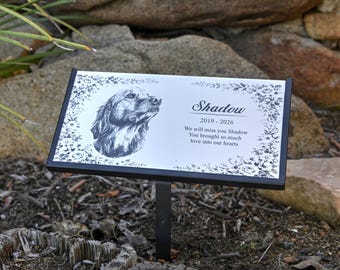 Personalized  White Tile Pet Grave Marker Black Steel Stand
