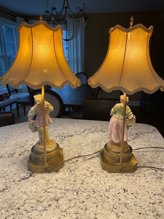 Rare Vintage German Kalk Porcelain Figural Lamps 1950s Brass Base