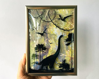 Dinosaur Jurassic Silhouette, Dinosaur Wall Decor Dinosaur Glass Painting, Framed Silhouette Art, Silhouette Shadowbox, Dinosaur Wall Art