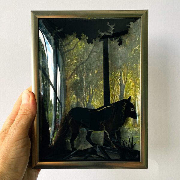 Wolf Fairy Tale Forest Silhouette, Forest Glass Painting, Enchanted Forest Silhouette Art, Silhouette Shadowbox, Grimm Fairy Tale Room Decor