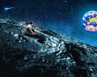 Man on the Moon, digital download, contemplating, world, earth, stars, space, wall art, canvas, ready to print, creative images, gifts