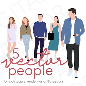 May include: Illustration of five vector people in various outfits. The image includes the text "5 vector people" in a cursive font, and the text "for architectural renderings or illustrations".