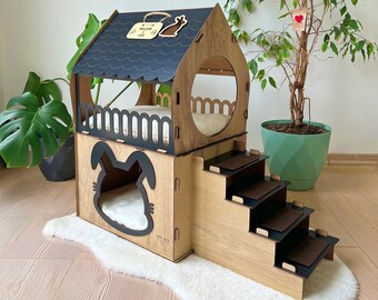 Modern Rabbit House - Castle, For 2 Rabbits |Modena Black Model| Guinea Pig, Chinchilla House, Rabbit Furniture, Extra Large Rabbit House