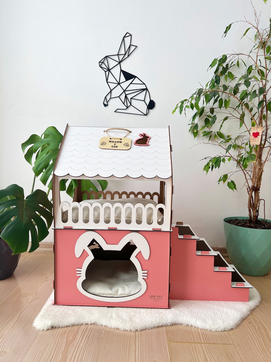 Modern Rabbit House Castle, for 2 Rabbits pink White Model Guinea Pig