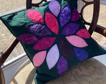 Green Pillow Cover with Appliqué, quilted pillow cover, handmade pillow cover, green pillow, batik pillow