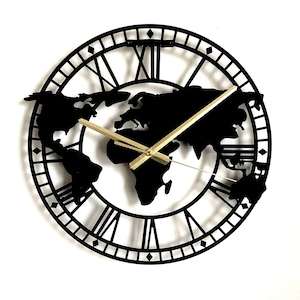 May include: Black metal wall clock with a world map design. The clock has a circular frame with Roman numerals and gold-coloured hands. The map silhouette is cut out, creating a decorative piece for the home.