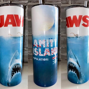 20/30oz JAWS Amity Island Themed Sublimation Tumbler, Horror Movie Tumbler, Shark Tumbler, Trending Tumbler, Ocean Tumbler, Movie Tumbler