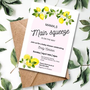 Mama’s Main Squeeze-Einladung, digitaler Download zur Babyparty, Mama’s Main Squeeze-Babyparty-Einladung, rosa Zitronen-Babyparty-Einladung