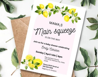 Mammas huvudsakliga squeeze-inbjudan, digital nedladdning av babyshower, mammas huvudsakliga squeeze-inbjudan för babyshower, rosa citron-babyshowerinbjudan