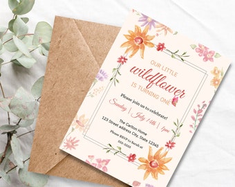 Wildflower Birthday Invitation, Our Little Wildflower is Turning One, First Birthday Invitation, Digital Download Template, Digital Invite