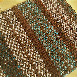 Brown, Teal Blue/Green & Beige Twined Woven Upcycled Rag Throw Rug Made In USA Handmade 36&quot; x 20”