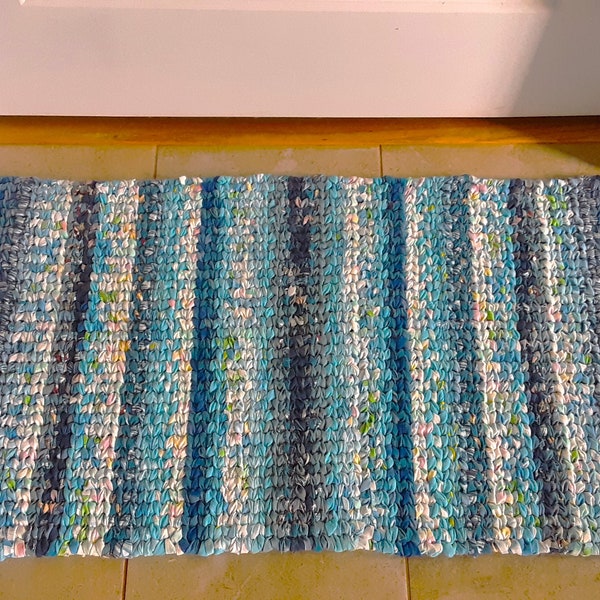 Ombre Teal Turquoise Aqua Blue Green Handmade Cotton Twined Woven Upcycled Rag Throw Rug 38" x 19"