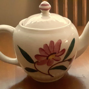 Vintage USA Shawnee Pottery Ceramic 6" tall Cream Teapot Handpainted Pink Flower