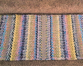 Hit and Miss Yellow Green Blue Hand Made Twined Woven Upcycled Multicolor Rag Throw Rug 37 1/2" x 18 1/2”