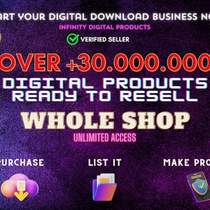 Può includere: Una grafica viola e nera con il testo "START YOUR DIGITAL DOWNLOAD BUSINESS NOW" e "OVER +30.000.000 DIGITAL PRODUCTS READY TO RESELL WHOLE SHOP UNLIMITED ACCESS". La grafica include anche tre icone: una nuvola con una freccia di download, una cartella con documenti e uno smartphone con un segno di spunta.