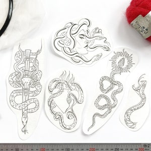 Stick and Stitch "Snakes and Medusa Gorgon" Embroidery Design, Transfers, Hand Embroidery Water Soluble Pattern - Serpents, Greek Mythology
