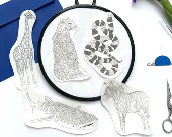 Stick & Stitch "Zoo" Hand Embroidery Designs, Water Soluble Patterns of Animals - Leopard, Giraffe, Shark, Snake, Zebra