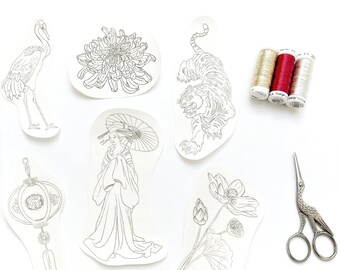 Stick and Stitch "China" Hand Embroidery Pattern, Water Soluble Designs: Crane, Lotus, Lantern, Tiger, Chrysanthemum, Girl with Umbrella