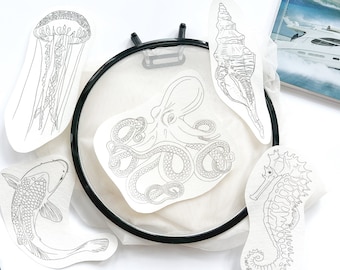 Stick & Stitch "Sea life" embroidery stickers, Embroidery transfer, Wash away pattern octopus, fish, seahorse, shell, jellyfish, anatomical