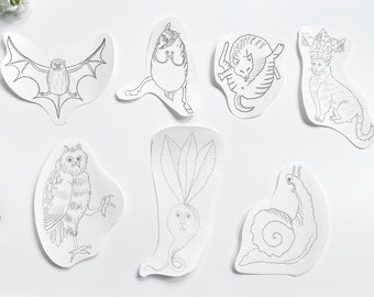 Collez et piquez des motifs de broderie « Bestiaire médiéval », motifs de broderie solubles dans l'eau - chauve-souris, chat, cheval, hibou, escargot, manuscrits animaux