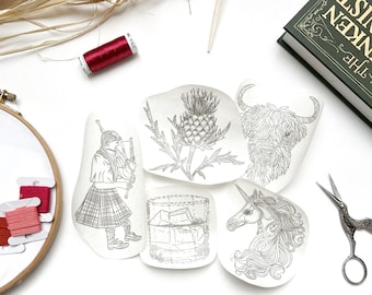 Stick & Stitch "Scotland" Hand Embroidery Designs, Water Soluble Pattern - Bagpiper, Highland Cow, Whiskey, Thistle, Unicorn