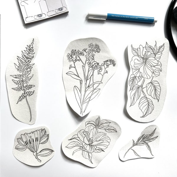 Stick and Stitch "Botanical" Embroidery Transfers, Water Soluble Sticker Set (Fern, Lily, Stem, Forget-me-nots, Magnolia, Flowers, Plants)