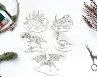 Stick & Stitch Dinosaurs Embroidery Designs, Water Soluble Stickers, Hand Embroidery Transfers - Tyrannosaurus, Stegosaurus, Pterodactylus