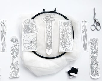 Stick & Stitch "L'art Nouveau" Embroidery Designs, Modern Style Hand Embroidery Water Soluble Patterns - Flowers, Pomegranate, Frog
