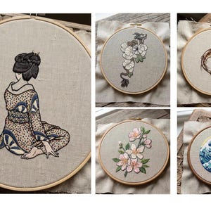 Stick and Stitch "Japan" Embroidery Pattern, Transfer Patches, Hand Embroidery Water Soluble Designs (geisha, sakura, koi, Kanagawa Wave) image 5
