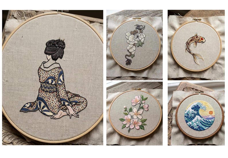 Stick and Stitch "Japan" Embroidery Pattern, Transfer Patches, Hand Embroidery Water Soluble Designs (geisha, sakura, koi, Kanagawa Wave) image 5