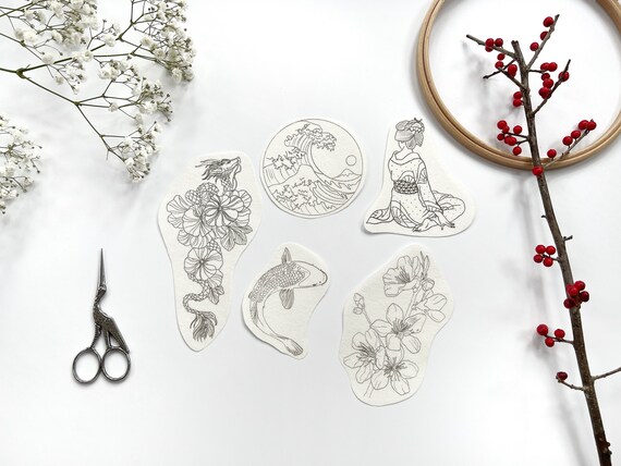 Stick and Stitch "Japan" Embroidery Pattern, Transfer Patches, Hand Embroidery Water Soluble Designs (geisha, sakura, koi, Kanagawa Wave)