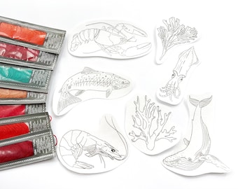 Stick & Stitch "Unterwasser" - wasserlösliche Sticksticker: Hummer, Tintenfisch, Garnele, Lachs, Wal und Koralle, Set mit 7 Anatomischen Designs