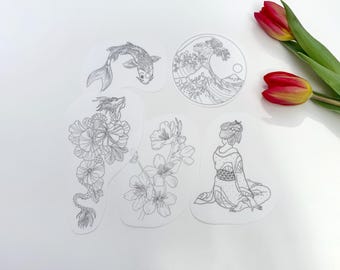 Stick and Stitch "Japan" Embroidery Pattern, Transfer Patches, Hand Embroidery Water Soluble Designs (geisha, sakura, koi, Kanagawa Wave)