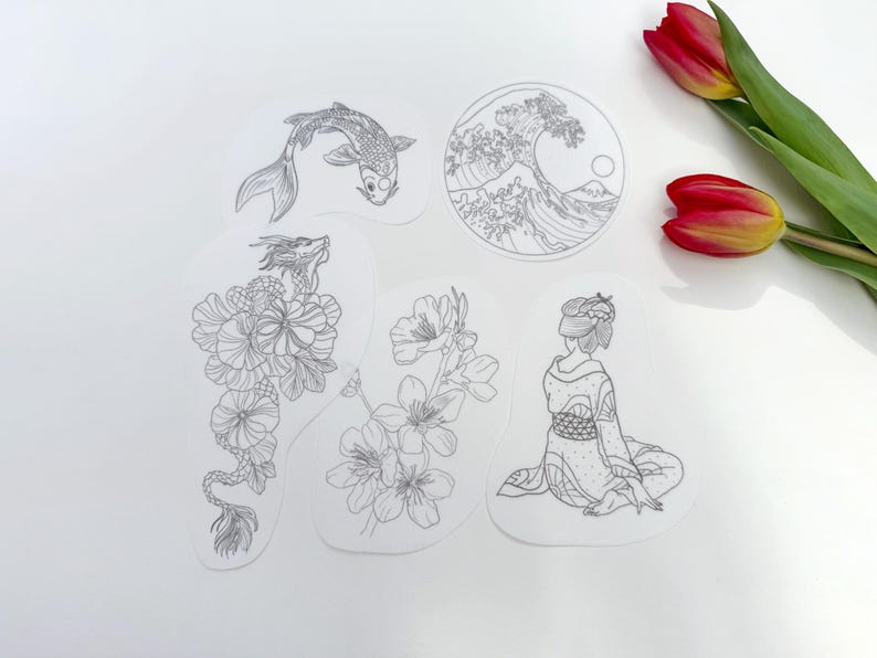Japan Embroidery Pattern, Transfer Patches, Hand Embroidery Water Soluble of Japanese Designs motives - geisha in kimono, sakura branch, koi fish, Kanagawa Wave, asian dragon