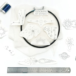 Stick & Stitch &quot;Moon, Sun, Stars&quot; Water Soluble Hand Embroidery Stickers, Set of 12 Designs: Galaxy, Constellations, Planets, Space