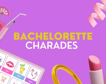 Może przedstawiać: Zestaw kart do gry Bachelorette Charades na fioletowym tle z różowym koktajlem, różową wstążką, złotym pierścionkiem i różową szminką. Plansza do gry zawiera różne ikony, w tym słuchawki, usta, drinka oraz buty na wysokim obcasie.