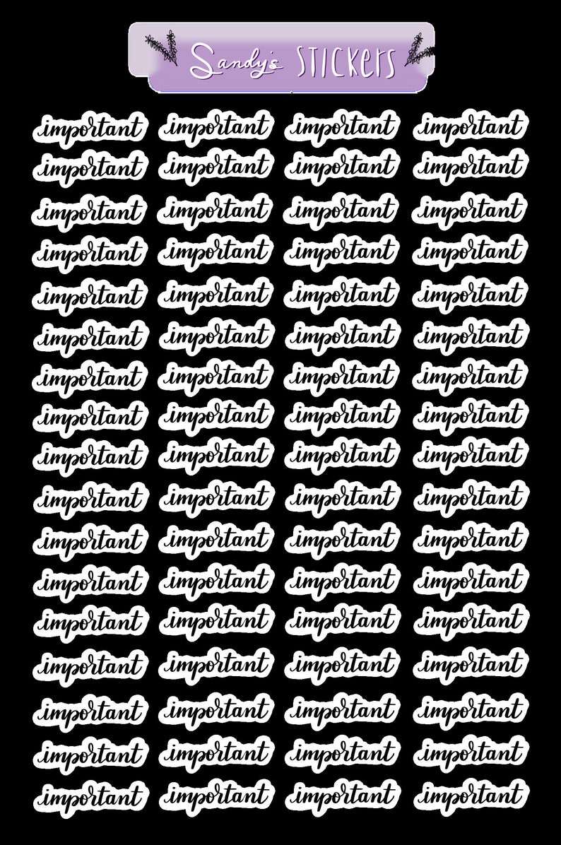 Może przedstawiać: Arkusz 48 czarno-białych naklejek z napisem "ważne" napisanym kursywą. Naklejki są ułożone w 4 rzędach po 12 naklejek.