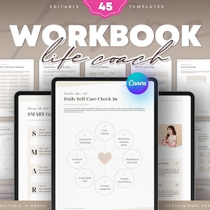 May include: A digital workbook for life coaches with 45 templates. The workbook includes a daily self-care check-in, a SMART goal setting worksheet, and a wheel of life diagram. The workbook is fully editable in Canva and features a professional design.