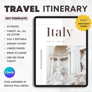 Itinerary Travel Template for iPad & Print. Editable in Canva. Italy Tour Guide. Travel Agent Vacation eBook. Digital DIY Travel Planner.