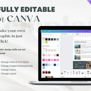 May include: A laptop screen displaying a Canva design template for a travel guide. The template features a purple and white color scheme with images of Italian landmarks and text that reads "Italian Deluxe". The template is fully editable in Canva.