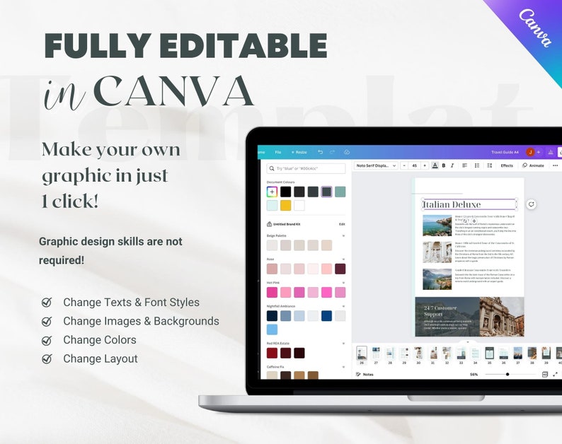 May include: A laptop screen displaying a Canva design template for a travel guide. The template features a purple and white color scheme with images of Italian landmarks and text that reads "Italian Deluxe". The template is fully editable in Canva.