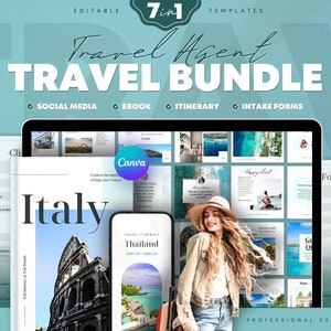 7in1 Travel Big Bundle for Travel Agent. Instagram Posts & Stories, Travel Guide Intake forms, Mobile Itinerary Template. Editable in Canva