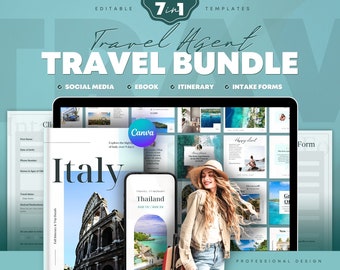 May include: A laptop screen displaying a variety of travel-themed templates, including social media posts, ebooks, itineraries, and intake forms. The templates feature images of Italy, Thailand, and other destinations. The text "Travel Agent Travel Bundle" is displayed at the top of the screen.