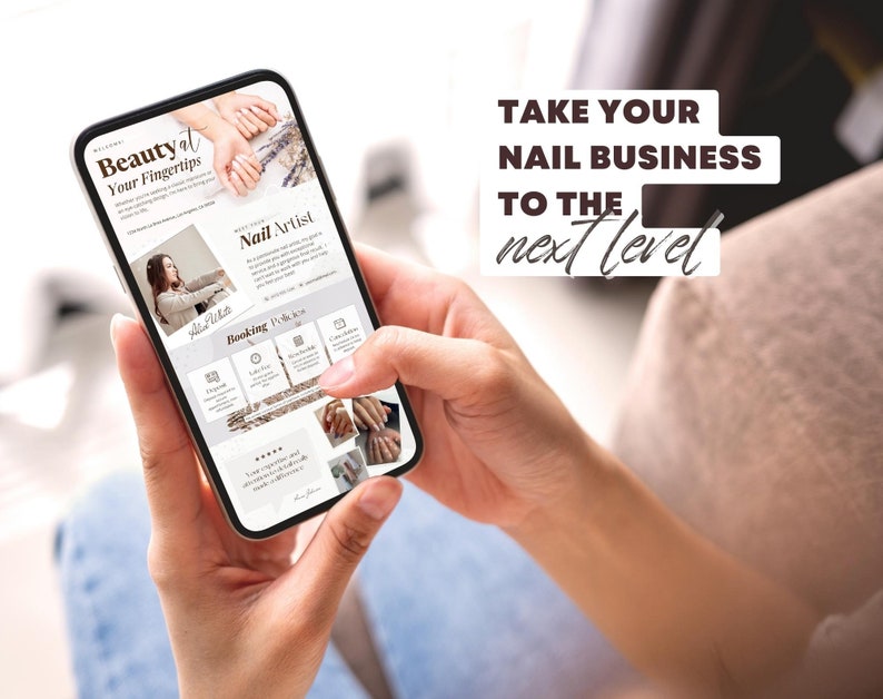 May include: A smartphone displaying a nail artist's business information, held by a person. The screen shows text that reads "Beauty at Your Fingertips" and "Take Your Nail Business to the Next Level."