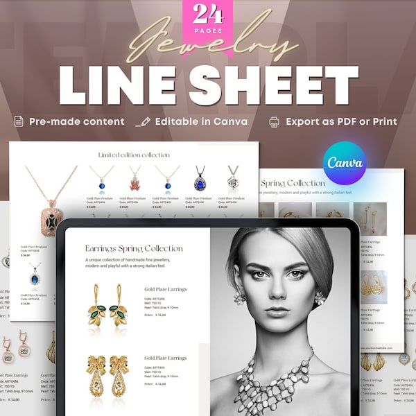 Jewelry Line Sheet Template Product Catalogue. Price List and Service Landscape Guide. Wholesale Minimalistic Design Brochure. Digital eBook