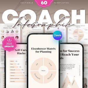 May include: A collection of 60 editable coach infographic templates for Canva. The templates feature a variety of designs, including charts, graphs, and diagrams. The templates are designed to help coaches create professional and engaging infographics for their clients.